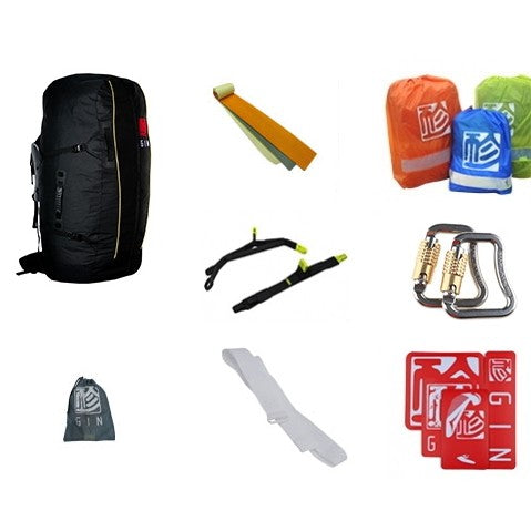 Included: XXL rucksack; Repair kit; Inner bag; Spreaders; Tandem karabiners; Accessories bag; Compression strap; Stickers
