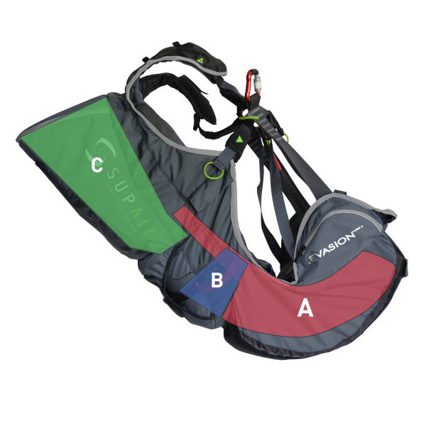Safety | A: Bump'Air 17 XC beneath the seat | B: Rescue parachute “W” (left or right) | C: Rear storage pocket