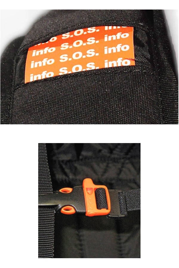 Security card on the right shoulder strap. Whistle built-in to the chest strap buckle.