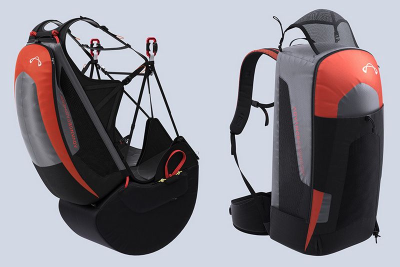Harness & Rucksack modes (optional extras airbag and comfortable rucksack waist strap shown not included)