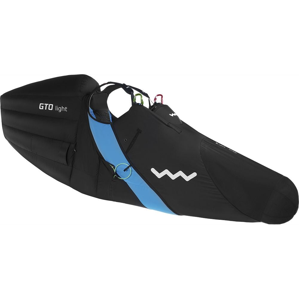 Woody Valley GTO light paragliding pod harness with Black speedbag (leg cover) fitted