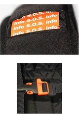 Security card on the right shoulder strap. Whistle built-in to the chest strap buckle.
