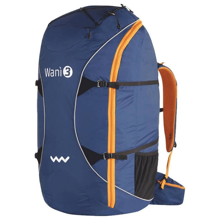Woody Valley Wani 3 reversible paragliding harness-rucksack in rucksack mode in Blue-Orange colours