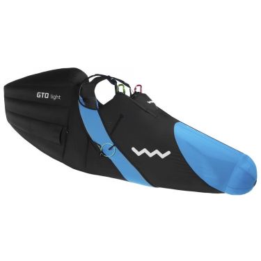 Woody Valley GTO light paragliding pod harness with Blue-Black speedbag (leg cover) fitted