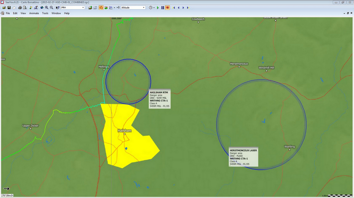 Carlo's track, Hailsham RTM danger area & Herstmonceux Laser in Naviter SeeYou software