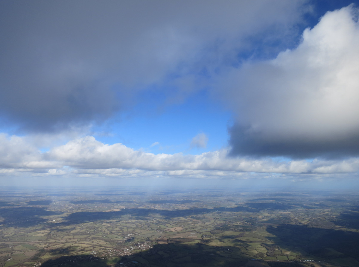 Approaching cloudbase near Cowbeech, looking northeast towards Dover.