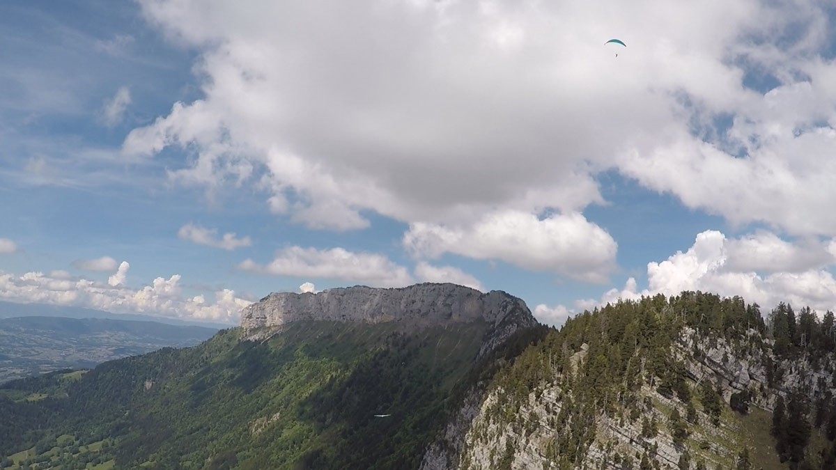 Paraglider flying over a sailplane
