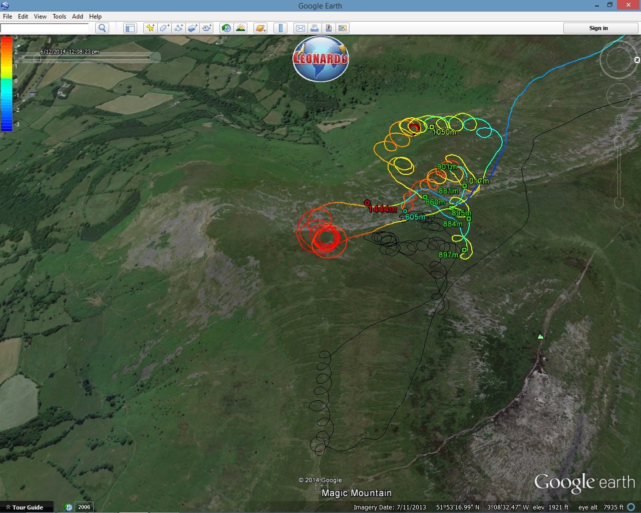 Google Earth paragliding tracklog in detail